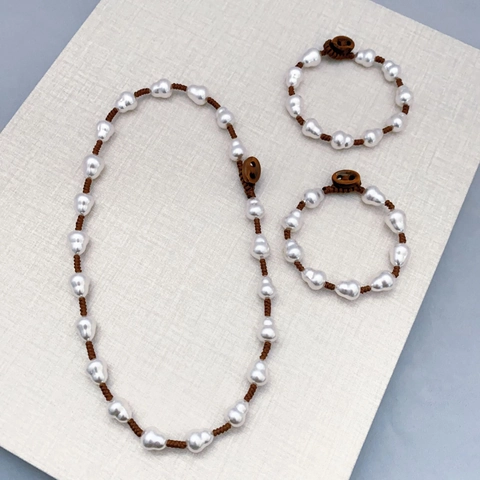 Collar Y Pulsera De Perlas Barrocas Artificiales Con Cordón Trenzado Cierre De Ojo De Tigre Joyería Vintage Para Mujer