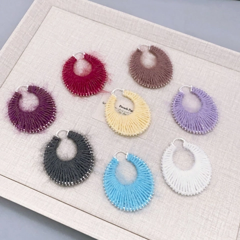 Vintage Handgewickelte Gestrickte Creolen Mit Silber Ohrstecker-Stift Bunte Wollfaser Garn Geometrische Ohrringe Für Damen Schmuck