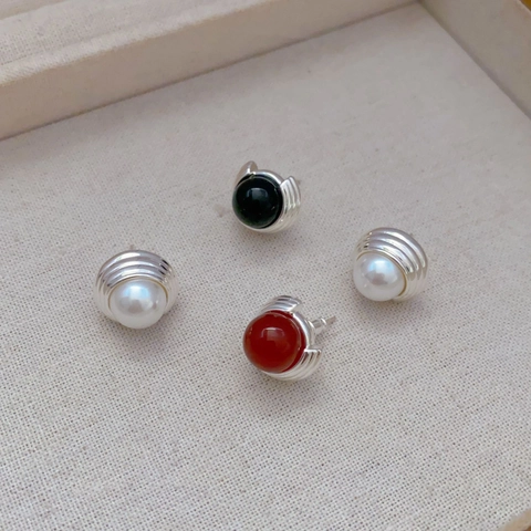 Orecchini A Lobo Retro Francesi Con Perla Artificial Agata Rossa Nera E Perno In Argento Sterling 925 Gioielli In Rame Vintage