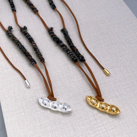 Collier Pendentif Cosse De Pois Vintage Français Cuivre Fait Main Cordon En Cuir Tissé Chaîne De Pull Pour Femmes
