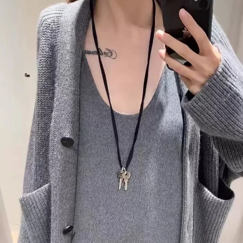 Collier Pendentif Double Clé Cuivre Minimaliste Longue Corde En Tissu Chaîne De Pull Bijoux Pour Femmes