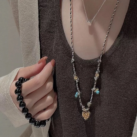 Collier Pendentif Pomme De Pin Cuivre Avec Corde Tressée Colorée Style Forêt Bohémienne Longue Chaîne Pour Femmes