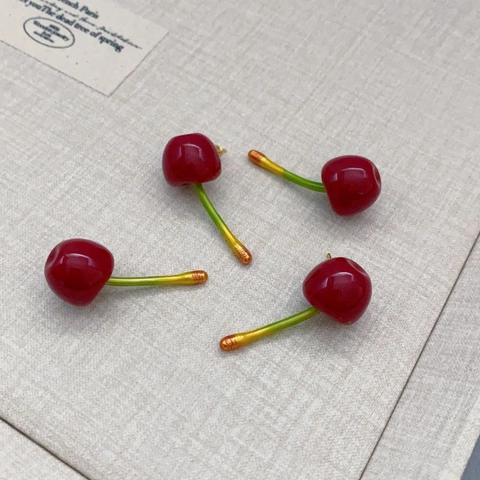 Red Cherry Fruit Stud Earrings Resin Gold Plated Copper With 925 Sterling Silver Earring Post Cute Pastoral Style Jewelry Women