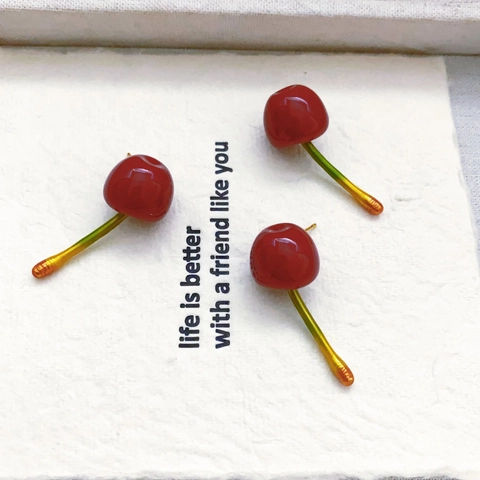 Red Cherry Fruit Stud Earrings Resin Gold Plated Copper With 925 Sterling Silver Earring Post Cute Pastoral Style Jewelry Women