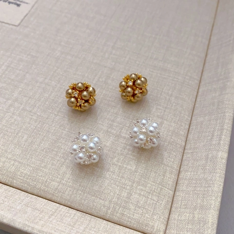 Flower Cluster Artificial Pearl Stud Earrings Rhinestone Gold Plated Copper With 925 Sterling Silver Earring Post Elegant