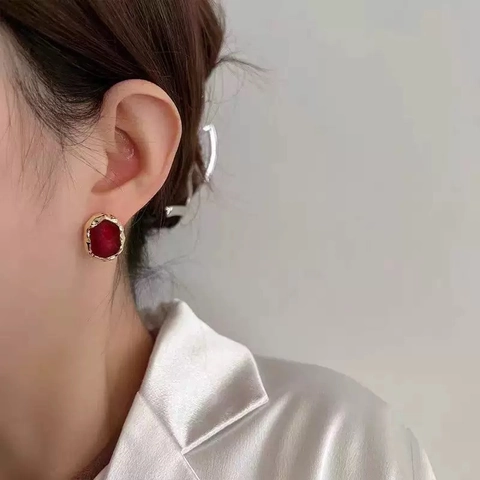 French Vintage Red Enamel Stud Earrings With 925 Sterling Silver Earring Post Copper Plated Real Gold Irregular For Women