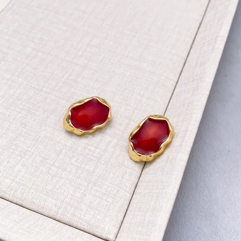 French Vintage Red Enamel Stud Earrings With 925 Sterling Silver Earring Post Copper Plated Real Gold Irregular For Women
