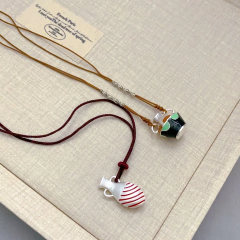 Vintage Emaille Vaas Hanger Ketting Koper Etnische Stijl Verstelbare Lange Touw Ketting Artistieke Sieraden