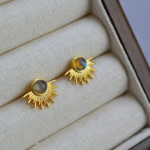 Sunburst Stud Earrings With Natural Labradorite Copper Gold Plated 925 Sterling Silver Earring Post French Retro Women