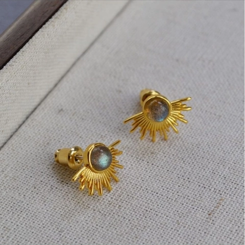 Sunburst Stud Earrings With Natural Labradorite Copper Gold Plated 925 Sterling Silver Earring Post French Retro Women