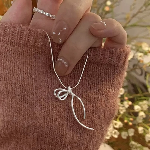 Collana Con Ciondolo A Fiocco Rame Placcato Argento Minimalista Elegante Catena A Serpente Gioielli Per Donna
