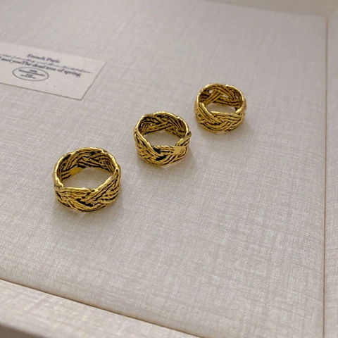 Vintage Französisches Geflochtenes Weizenähre Buchstabe B Ring Vergoldetes Kupfer Distressed Statement Fingerring Damen Schmuck