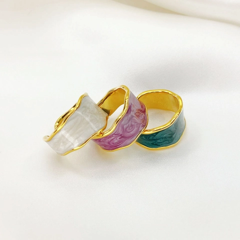 Enamel Wavy Ring Copper 18K Gold Plated Marble Texture Adjustable Open Ring Minimalist Jewelry For Women