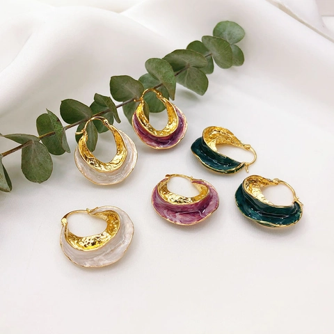 Retro Enamel Hoop Earrings Irregular Hammered Texture Copper Plated 18K Gold Exaggerated Fashion Artistic Ear Jewelry For Women