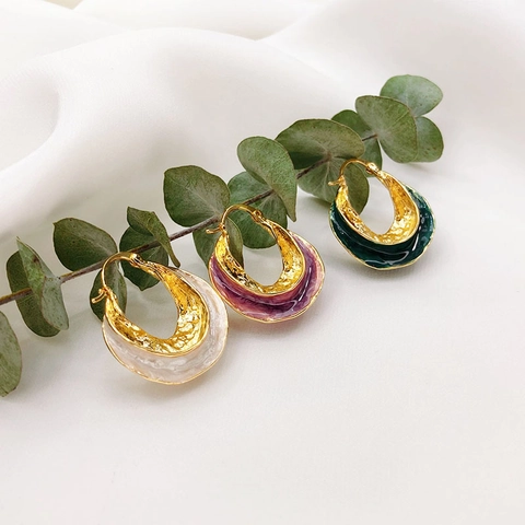 Retro Enamel Hoop Earrings Irregular Hammered Texture Copper Plated 18K Gold Exaggerated Fashion Artistic Ear Jewelry For Women