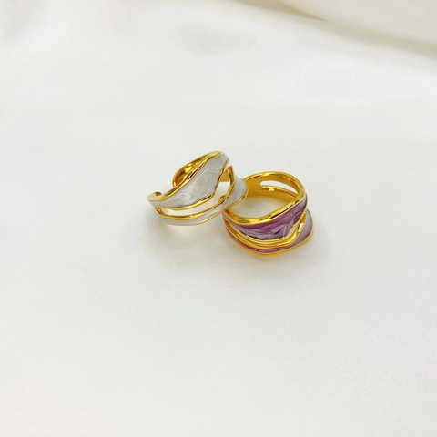 Irregular Wave Enamel Open Ring For Women 18K Gold Plated Copper Marble Texture Adjustable Jewelry
