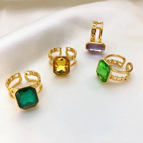 Großer Rechteckiger Edelstein Kupferring Für Damen 18K Vergoldet Gliederkette Verstellbar Offen Vintage Fingerschmuck