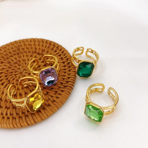 Großer Rechteckiger Edelstein Kupferring Für Damen 18K Vergoldet Gliederkette Verstellbar Offen Vintage Fingerschmuck