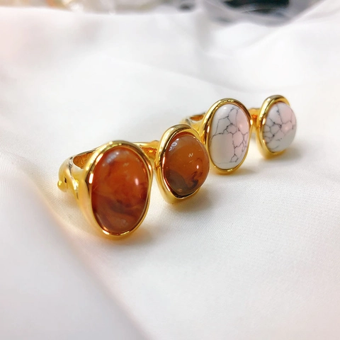 Bague Ouverte Double Pierre Style Français Pour Femmes Hommes Cuivre Plaqué Or Texture Fondue Irrégulière Anneau Réglable