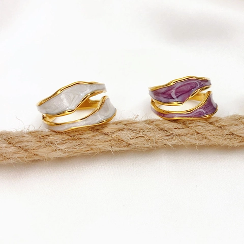 Irregular Wave Enamel Open Ring For Women 18K Gold Plated Copper Marble Texture Adjustable Jewelry