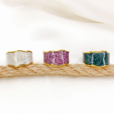 Enamel Wavy Ring Copper 18K Gold Plated Marble Texture Adjustable Open Ring Minimalist Jewelry For Women
