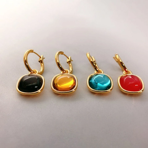 Vintage Geometric Colorful Square Resin Drop Earrings For Women 18K Gold Plated Copper Hoop Dangle Elegant Jewelry