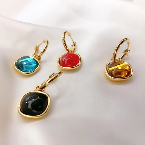 Vintage Geometric Colorful Square Resin Drop Earrings For Women 18K Gold Plated Copper Hoop Dangle Elegant Jewelry
