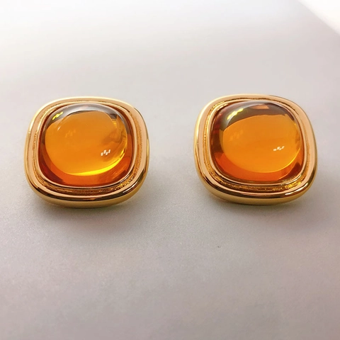 Vintage Square Copper Stud Earrings 18K Gold Plated With Resin Gemstone And Silver Earring Post Geometric Jewelry For Women