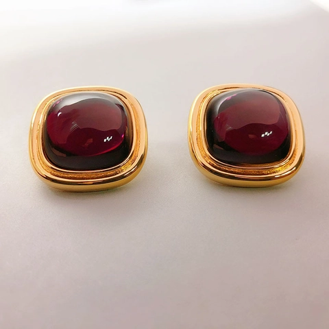 Vintage Square Copper Stud Earrings 18K Gold Plated With Resin Gemstone And Silver Earring Post Geometric Jewelry For Women