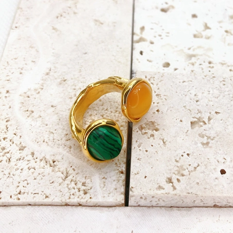Bague Ouverte Double Pierre Style Français Pour Femmes Hommes Cuivre Plaqué Or Texture Fondue Irrégulière Anneau Réglable