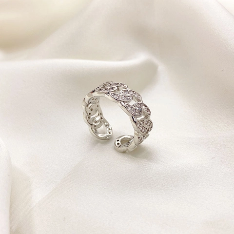 Anello Catena Cubana Rame Placcato Oro Bianco Pavé Zircone Cavo Aperto Regolabile Gioiello Moda Per Donne