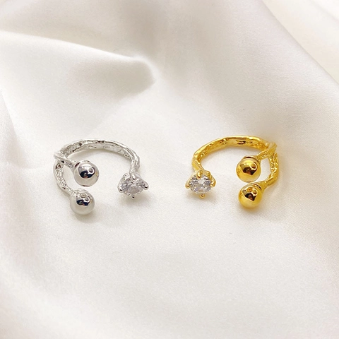 Irregular Molten Texture Adjustable Open Ring 18K Gold Plated Copper Clear Rhinestone Double Ball Elegant Jewelry Women