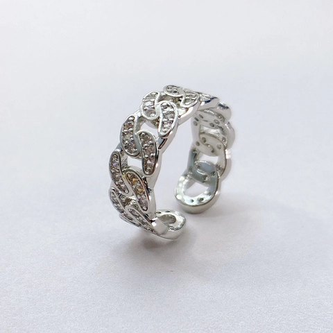 Anello Catena Cubana Rame Placcato Oro Bianco Pavé Zircone Cavo Aperto Regolabile Gioiello Moda Per Donne