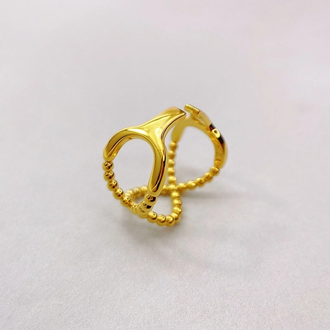 Kreuzwicklung Verstellbarer Ring Gold Vergoldet Kupfer Doppelreihig Perlen Hohl Geometrischer Fingerschmuck Für Damen