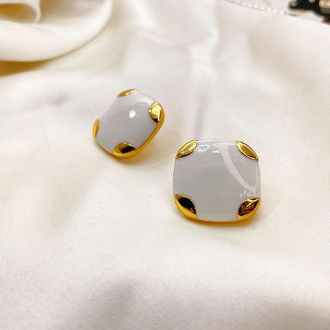 Orecchini A Lobo Quadrati Con Smalto Bianco Rame Placcato Oro 18K E Perno In Argento Sterling 925 Stile Vintage Da Donna