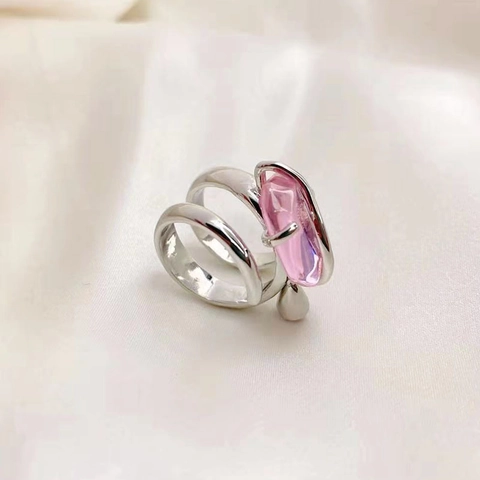 Adjustable Open Ring Copper Pink Crystal Gemstone Vintage Geometric Style Jewelry For Women Elegant Finger Accessories