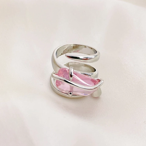 Adjustable Open Ring Copper Pink Crystal Gemstone Vintage Geometric Style Jewelry For Women Elegant Finger Accessories