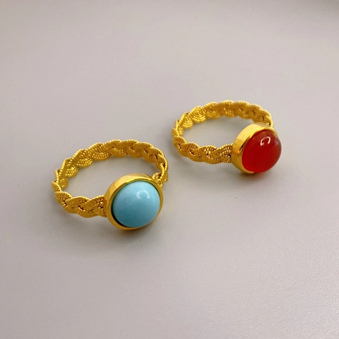 Vintage 18K Gold Plated Brass Ring With Round Red Agate Turquoise Inlaid Braided Texture Band For Women Fashion Jewelry