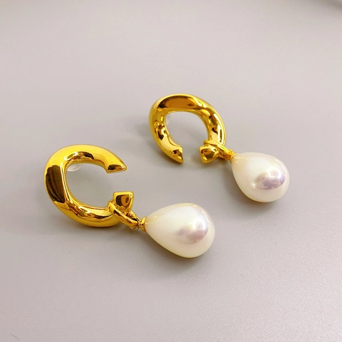 Pendientes Colgantes Metal Irregular Bañado Oro 18K Con Poste Plata Ley 925 Y Perla Artificial Gota Agua Para Mujer