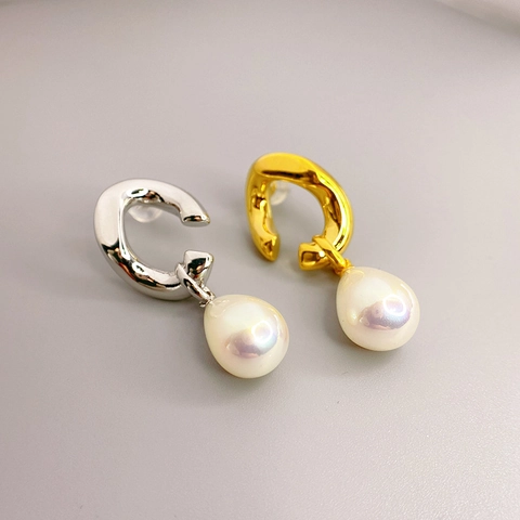 Pendientes Colgantes Metal Irregular Bañado Oro 18K Con Poste Plata Ley 925 Y Perla Artificial Gota Agua Para Mujer