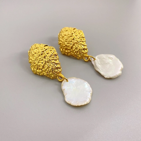 Artificial Baroque Pearl Drop Earrings Irregular Hammered Texture 18K Gold Plated Copper Retro With 925 Sterling Silver Earring Post