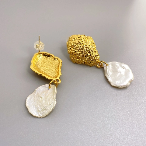 Artificial Baroque Pearl Drop Earrings Irregular Hammered Texture 18K Gold Plated Copper Retro With 925 Sterling Silver Earring Post