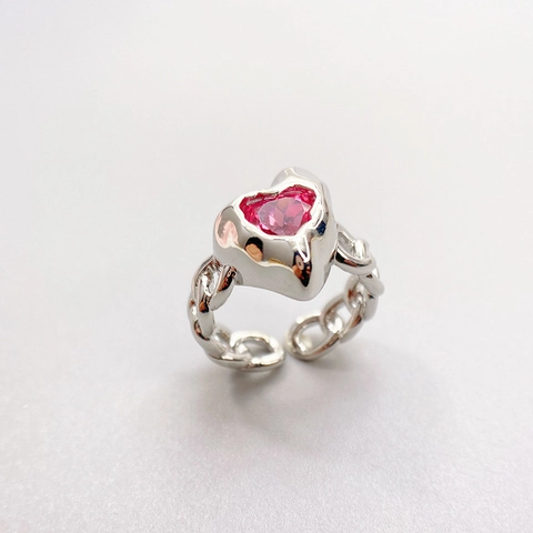 Anello Cuore Cristallo Rosso Rame Placcato Platino Y2K Vintage Catena Cubana Regolabile Gioielli Per Donna