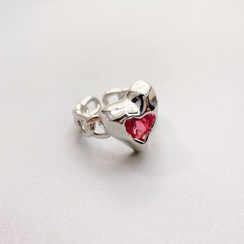 Anello Cuore Cristallo Rosso Rame Placcato Platino Y2K Vintage Catena Cubana Regolabile Gioielli Per Donna