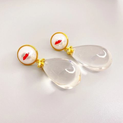 Red Lip Print Imitation Artificial Pearl Earrings With 925 Sterling Silver Earring Post Transparent Waterdrop Dangle Copper Jewelry