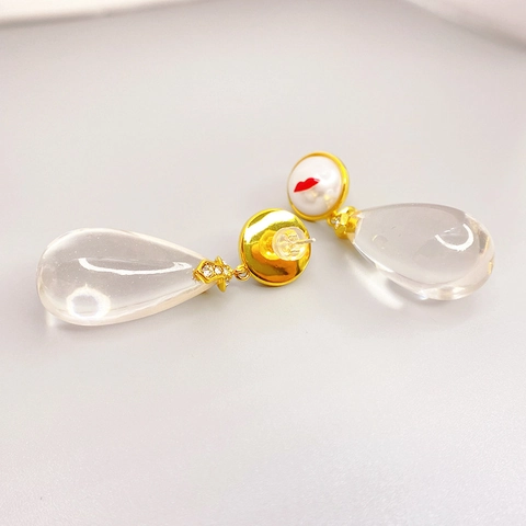 Red Lip Print Imitation Artificial Pearl Earrings With 925 Sterling Silver Earring Post Transparent Waterdrop Dangle Copper Jewelry