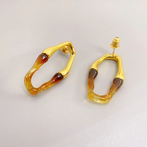 Orecchini Geometrici Irregolari A Onda Rame Placcato Oro 18K Resina Con Perno In Argento Sterling 925 Per Donna Moda