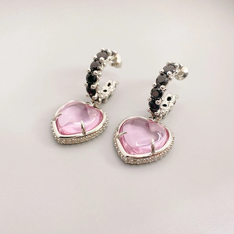 Orecchini Pendenti Cuore Rosa Con Perno In Argento Sterling 925 Rame Strass C-Hoop Alla Moda Per Donna