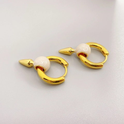 Bullet Cone Drop Earrings Copper Plated 18K Gold With White Enamel Marble Bead French Style Personalized Punk Jewelry For Women