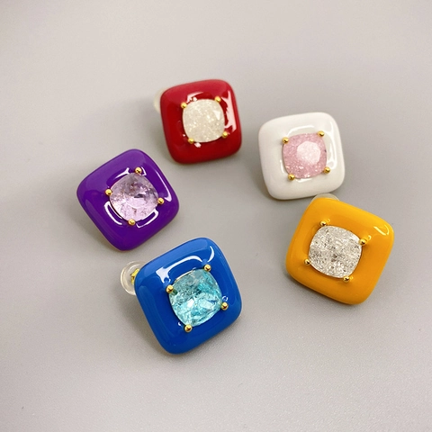 Square Enamel Stud Earrings With 925 Sterling Silver Earring Post 18K Gold Plated Brass Colorful Gemstone Fashion Women